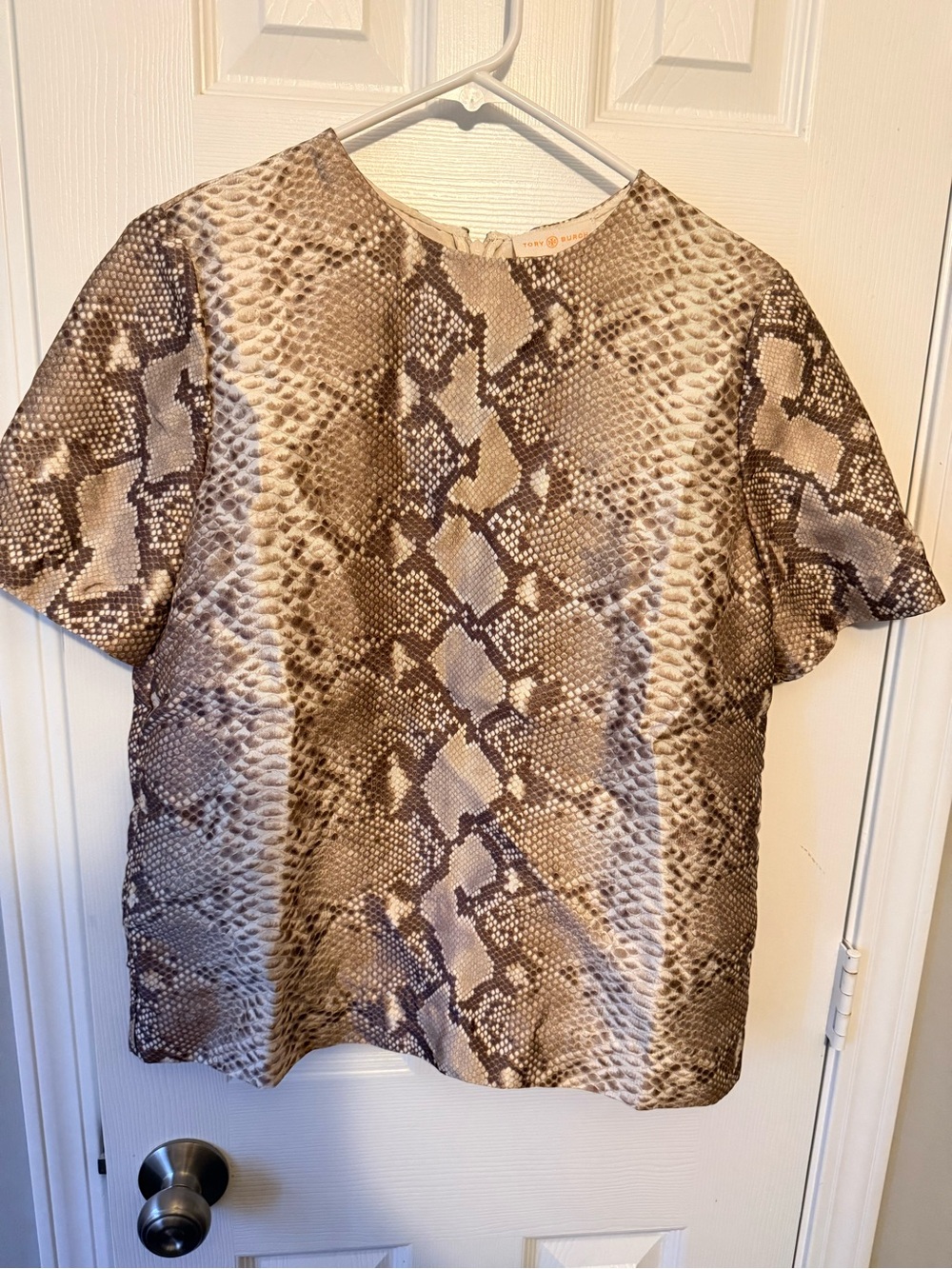 Tory Burch Short-Sleeve Snake Print Tee in Brown and Cream
